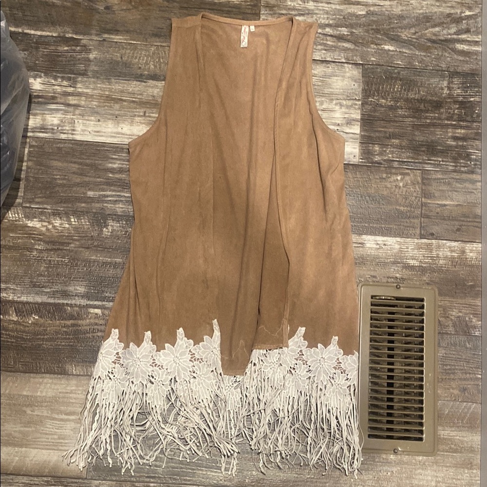 Tan Sleeveless Fringe Top with Lace Hem